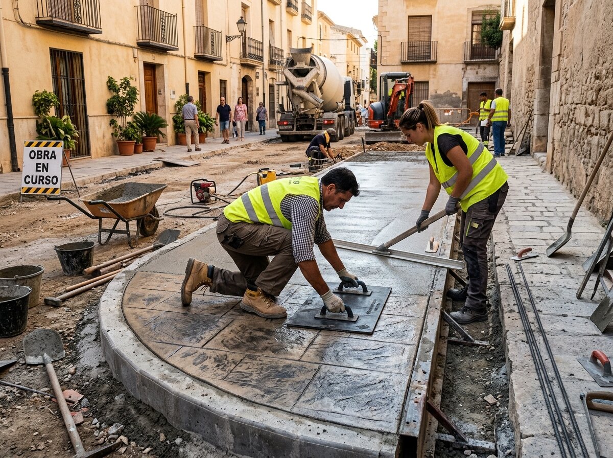 Operarios especializados realizando el regleado y estampación de hormigón en obra